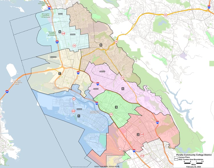 Peralta Community College District 2022 Trustee Area Boundaries Map adopted Feb 22, 2022
