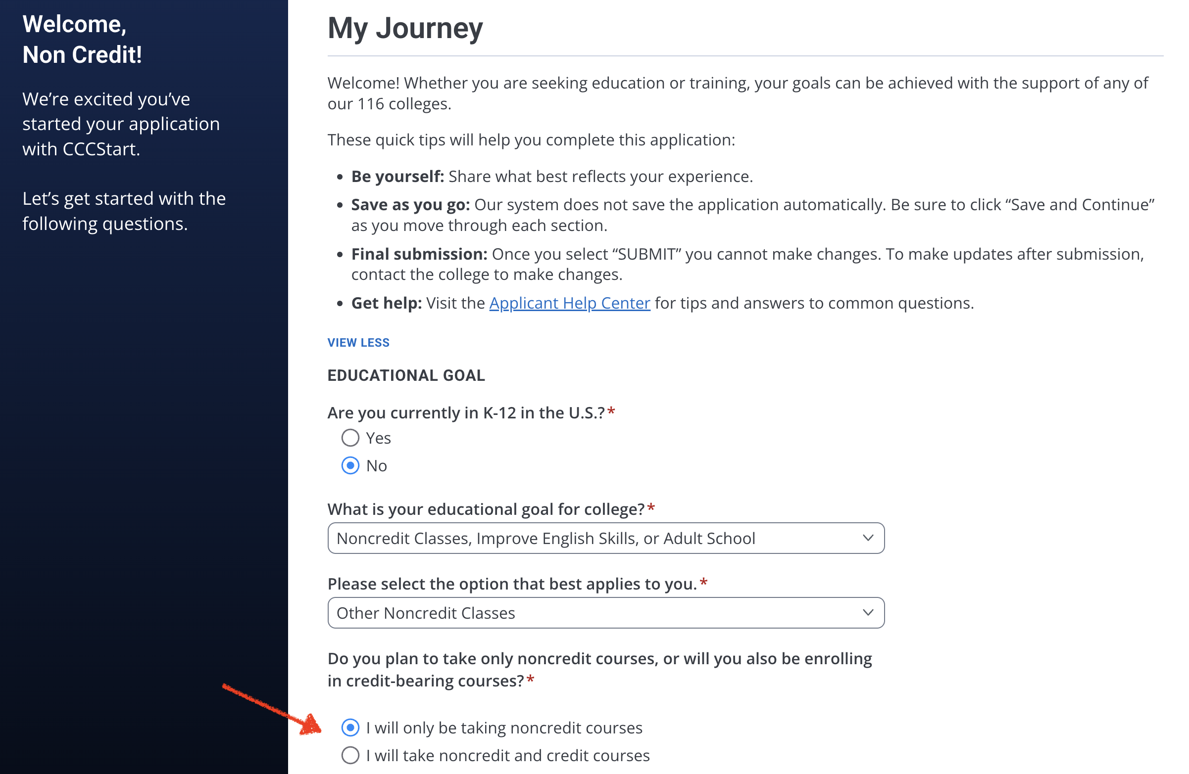 Image of the process of becoming a student, highlighting the question 'Do you plan to take only noncredit courses'