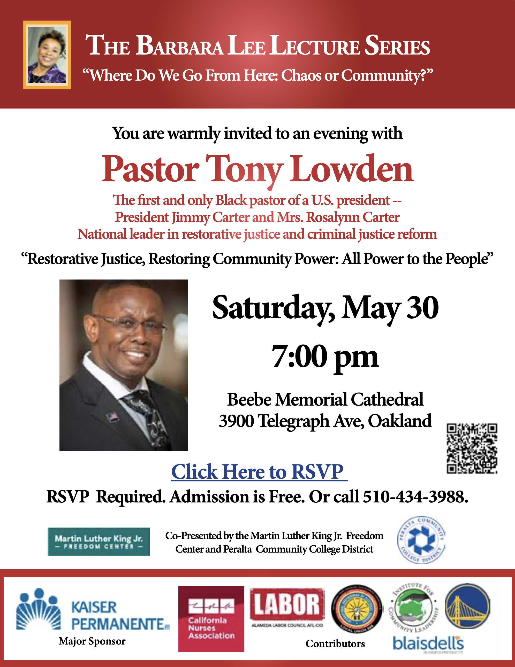 Restorative Justice, Restoring Community Power: All Power to the People, Barbara Lee (free) Lecture Series w/ Pastor Tony Lowden, 5/30 @ 7pm